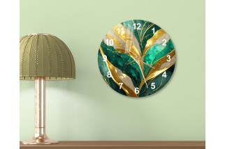 Green and Gold Tone Tempered Glass Wall Clock
