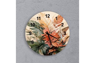 Glass Wall Clock with Colorful Jungle Leaf Design
