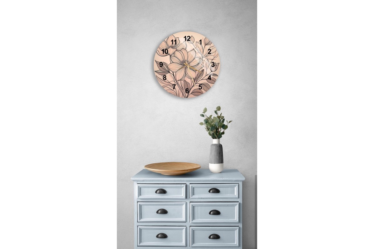 Line Floral Tempered Glass Wall Clock
