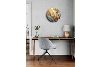 Blue and Gold Foil Feather Pattern Glass Wall Clock