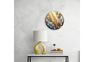 Blue and Gold Foil Feather Pattern Glass Wall Clock