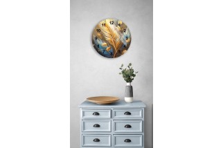 Blue and Gold Foil Feather Pattern Glass Wall Clock