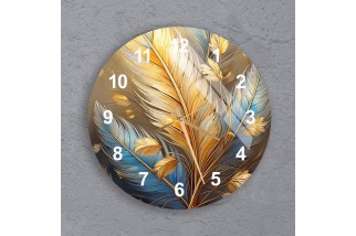 Blue and Gold Foil Feather Pattern Glass Wall Clock